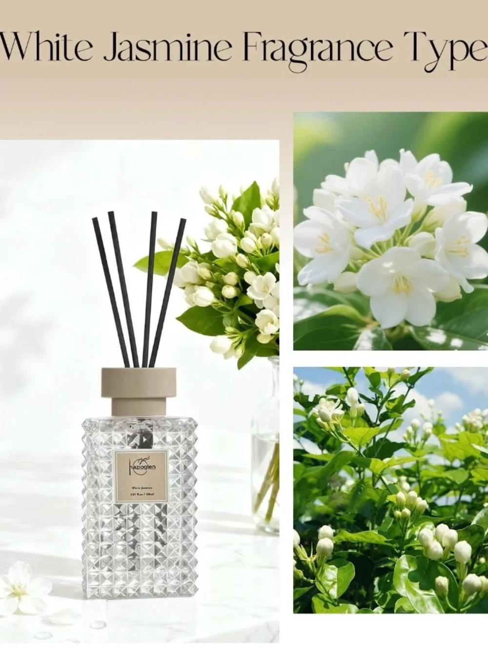 Hazioglen Reed Diffuser Set, White Jasmine Scented Home Fragrance Air Freshen150